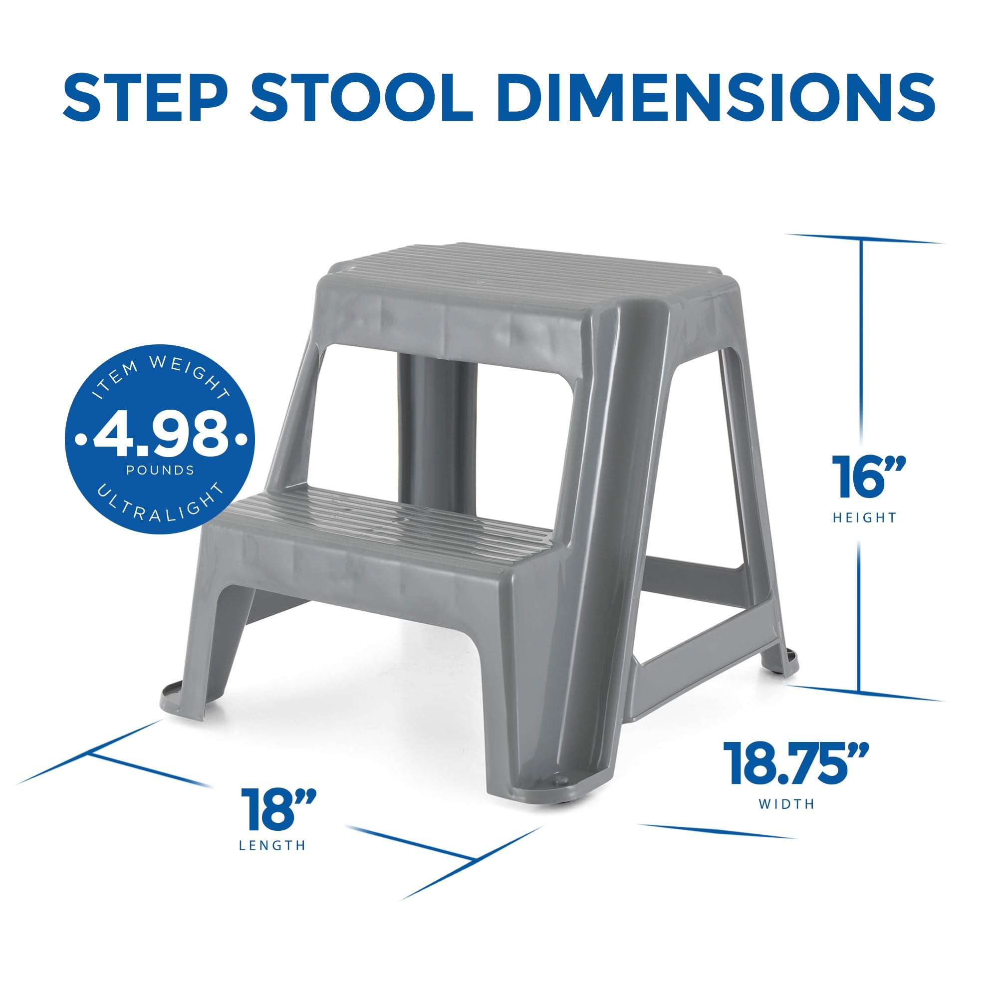 Gracious Living Plastic 2-Step Stool, Portable Step Stool, 16 Inches Tall, Gray